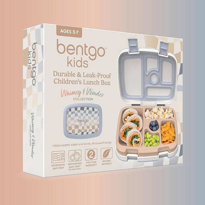 Bentgo Kids 5-Compartment Leak-Proof Bento-Style Lunch Box (Whimsy & Wonder Collection) - Ideal for Ages 3-7, Drop-Proof & Durable, Dishwasher Safe, & PFAS & BPA-Free Materials (Checker Gradient)