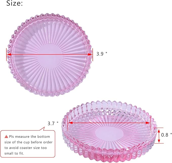 Glass Coaster 6 Pack Round Cup Coasters for Drinks,Crystal Coffee Coaster,Stylish Drink Coasters for Kitchen Bar Dining Room Living Room Office Decor and Jewelry Storage,Pink