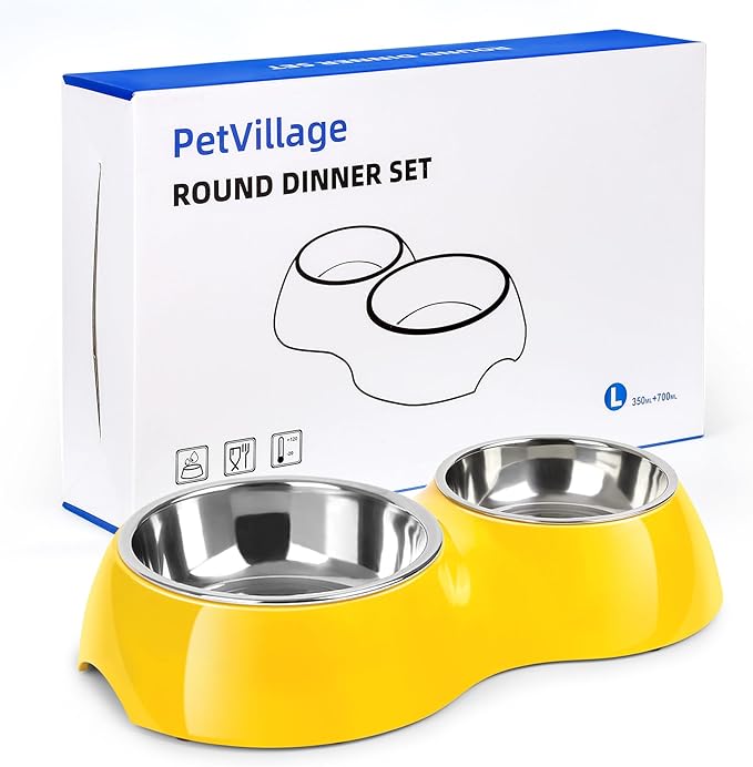 Elevated Dog Bowls Set - Non-Slip Raised Pet Feeder with Medium (2 Cups) & Large (4 Cups) Stainless Steel Bowls - Includes Durable Resin Stand for Puppies, Adult Dogs & Cats - Yellow