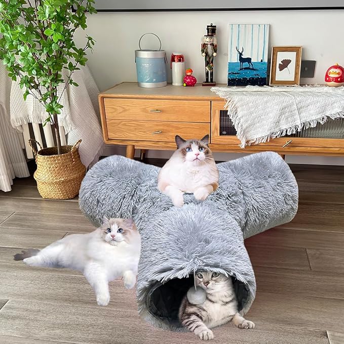 Cat Tunnel Tube Toy Collapsible 3 Way Grey Plush, Pet Tunnels for Indoor Cats, Play Tubes with Hanging Ball Perfect for Kitten, Puppy, Rabbit, Interactive Toys for Fun Playtime & Exercise