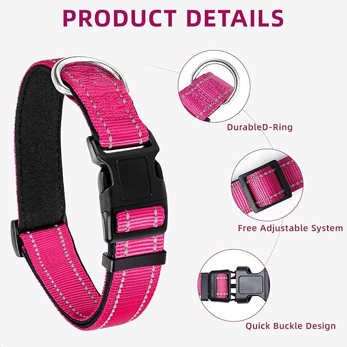 Reflective Dog Collar for Extra Large Dogs, Adjustable Collar with Soft Neoprene Padded, Durable Buckle for Daily Walking,Hotpink,XL