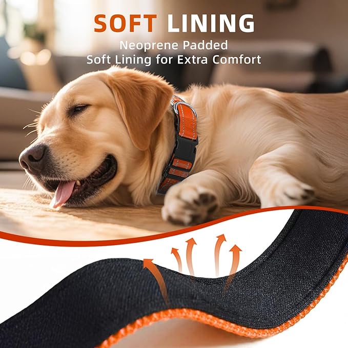 Reflective Dog Collar for Extra Large Dogs, Adjustable Collar with Soft Neoprene Padded, Durable Buckle for Daily Walking,Orange,XL