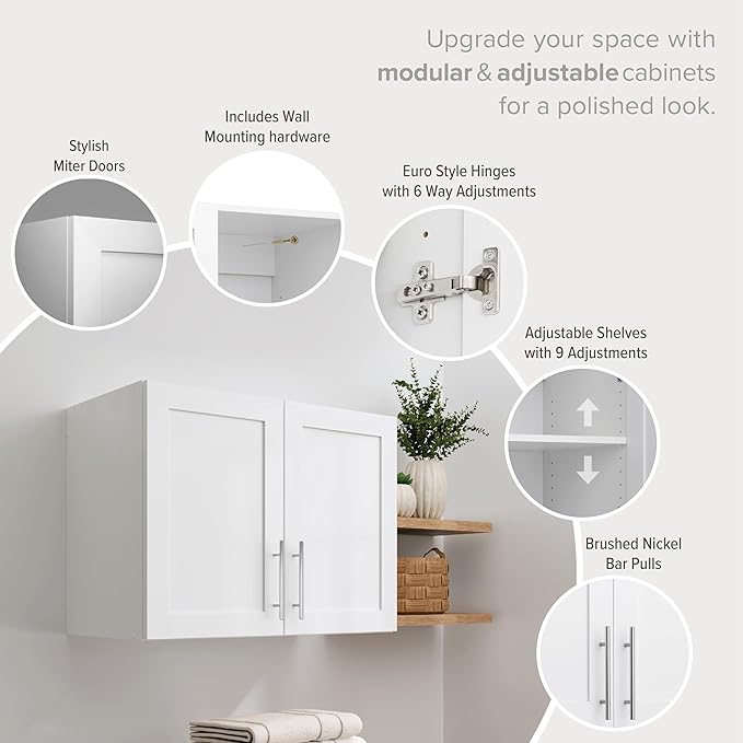 Prepac Elite 24" H Wall Cabinet with Panel Doors, White Storage Cabinet, Bathroom Cabinet, Pantry with 1 Adjustable Shelf 16.75" D x 32" W x 24" H, WSUR-1002-1
