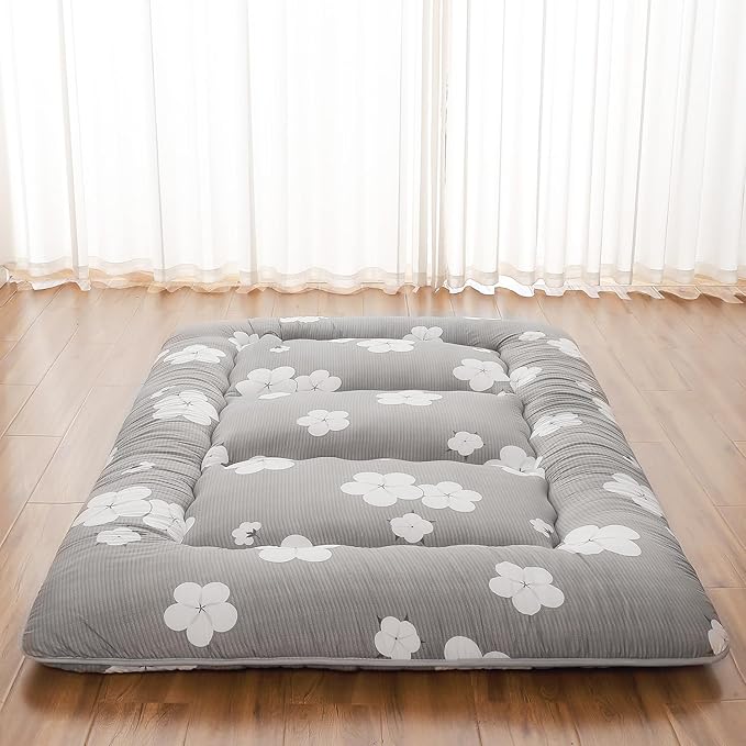 Japanese Floor Mattress Full, Futon Mattress with Storage Bag and Washable Cover, Roll Up Tatami Mat Suitable for Guest Room, Grey Cotton