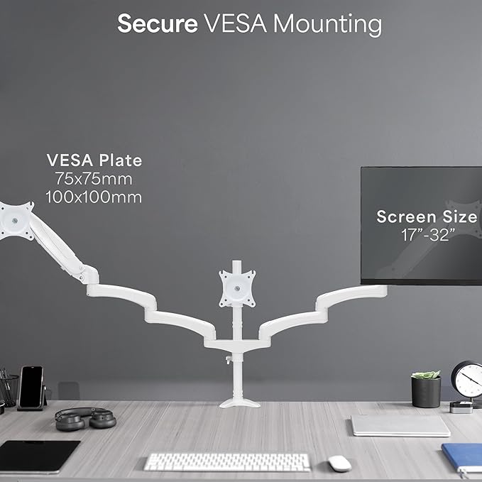 VIVO 17 to 32 inch Triple Pneumatic Monitor Mount, 2 Pneumatic Arms, 1 Fixed, Adjustable Swivel, Rotation, Heavy Duty VESA Desk Stand with C-clamp, Max VESA 100x100, White, STAND-V300GW