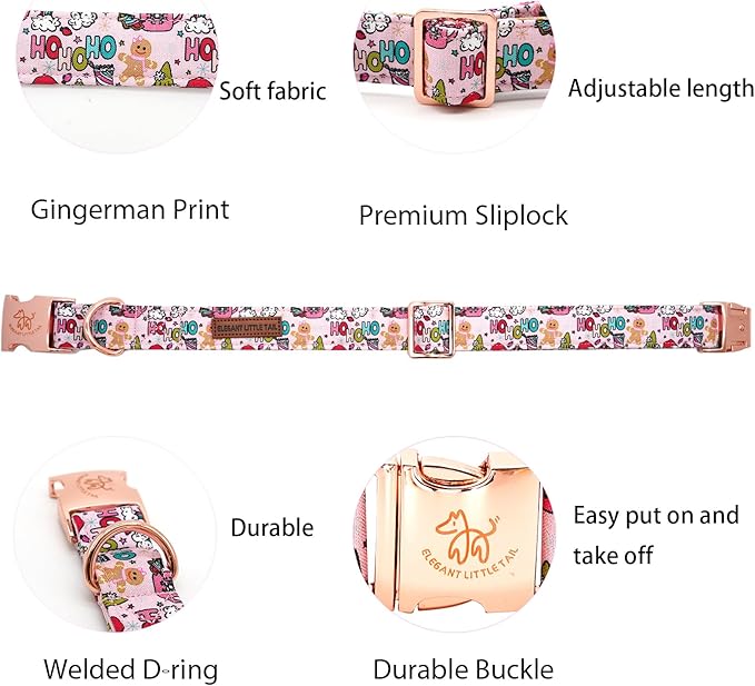 Elegant little tail Christmas Dog Collar, Pink Gingerbread Man Print Pet Collar Dog Durable Cute Dog Collars Winter Holiday Male or Female Pet Gift Adjustable Dog Collar for Small Puppy
