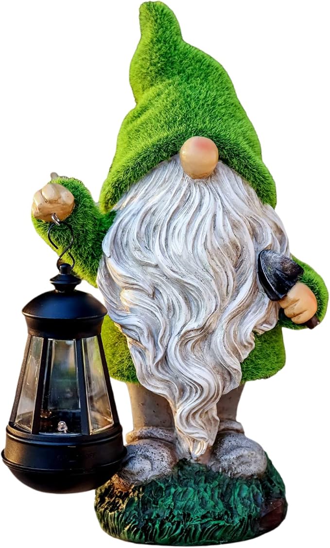 TERESA'S COLLECTIONS Christmas Outdoor Statue for Home, Resin Gnome Decorations with Solar Outdoor Lights for Garden Decor,Green Garden Sculptures & Statues for Front Patio Lawn, Gifts for Mom,8"