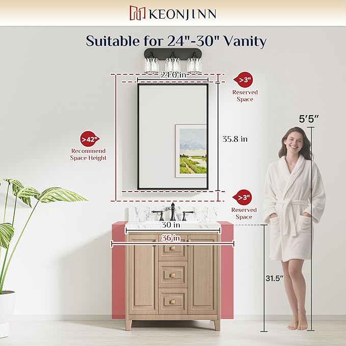 Keonjinn 24 x 36 Inch Black Bathroom Mirrors for Over Sink, Beveled Rectangle Framed Mirror for Wall, Black Bathroom Vanity Mirror, Square Corner, Tempered Glass, Farmhouse Style