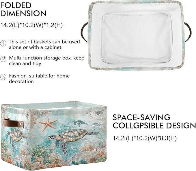 Sea Turtle Storage Basket Fabric Storage Bin Nautical theme Baskets Coastal Starfish Foldable Storage Boxes Organizer Bag for Baby Cloth Dog Toy Book Storage Cubes Shelf Closet Basket 16×12×8 Inches
