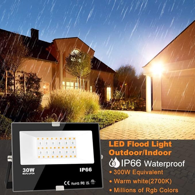 LED Flood Light Outdoor 30W, 300W Equivalent 3000LM Smart RGB Landscape Lighting with APP Control, DIY Scenes -Timing - Warm White 2700K -Color Changing Uplight, IP66, US Plug, No Remote MELPO(4 Pack)