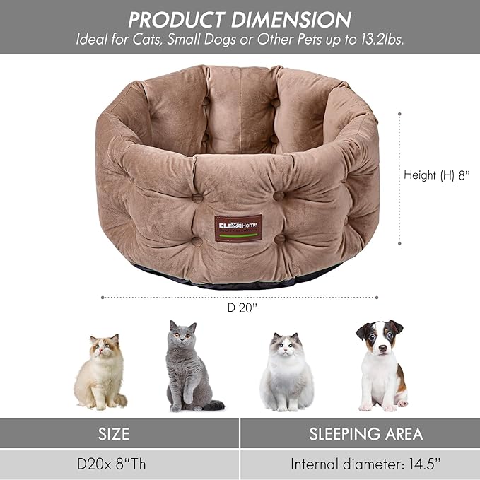 ClevaHome Deep Nest Cat Bed for Small Pets up to 15lbs - Round Cat Beds for Indoor Cats, Luxurious Velvet Feel, Extra High Sides, Machine Washable Comfort Pet Bed with Non-Slip Bottom (Warm Beige)