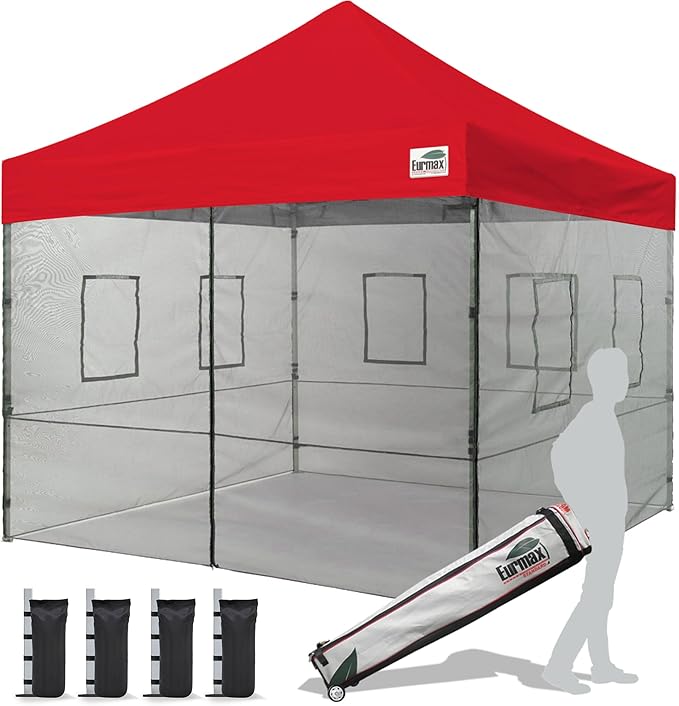 Eurmax USA 10'x10' Pop-up Canopy Tent Commercial Instant Canopies with 4 Removable Zipper End Food Service Wall kit and Roller Bag, Bonus 4 SandBags(Red)