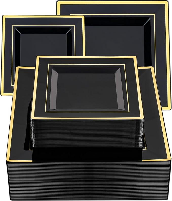 Goodluck 100 Black Pack Square Plastic Plates With Gold Rim, Heavy Duty 50 Dinner Plates 9.5" and 50 Dessert Plates 6.5", Fancy Disposable Plates for Wedding, Holiday Party, Birthday, Halloween