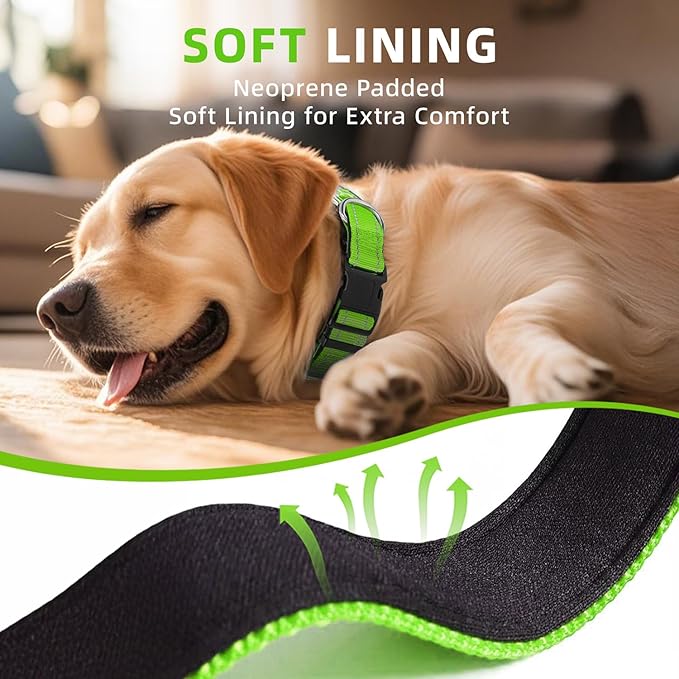 Reflective Dog Collar for Extra Large Dogs, Adjustable Collar with Soft Neoprene Padded, Durable Buckle for Daily Walking,Green,XL