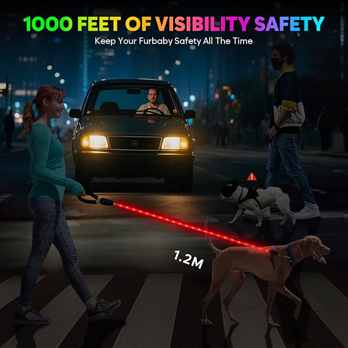 YFbrite Waterproof Light up Dog Leash with 15 Flashing Modes - Super Bright LED Dog Leash for Small Medium Large Dogs - Type-c Rechargeable Dogs Leashes Light (Multi-Color, 4FT (120cm))