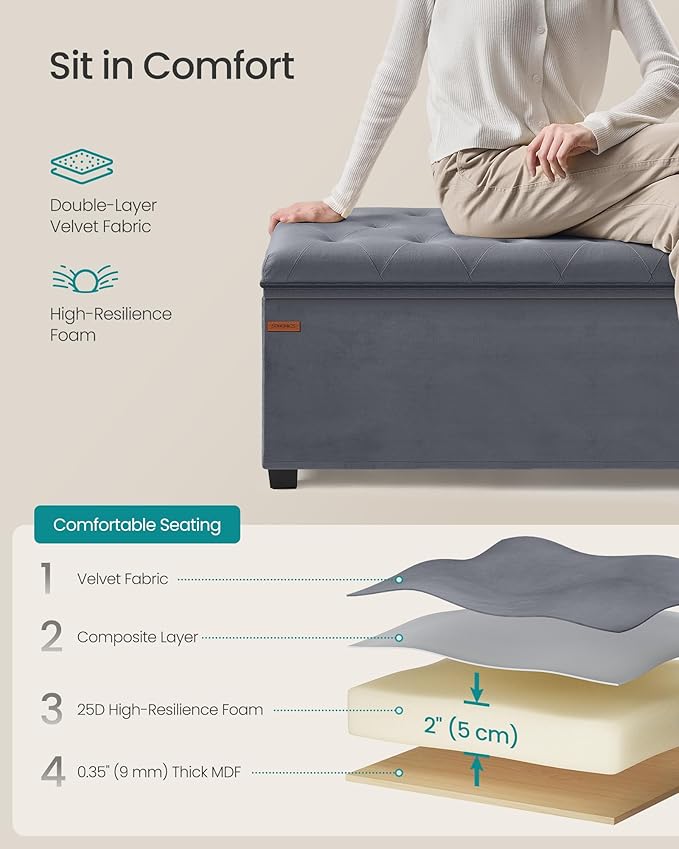 SONGMICS Velvet Storage Ottoman Bench, Foot Rest with Legs, 15.7 x 43 x 15.7 Inches, End of Bed Bench, Storage Chest, Load up to 660 lb, for Living Room, Bedroom, Entryway, Slate Gray ULSF089G01
