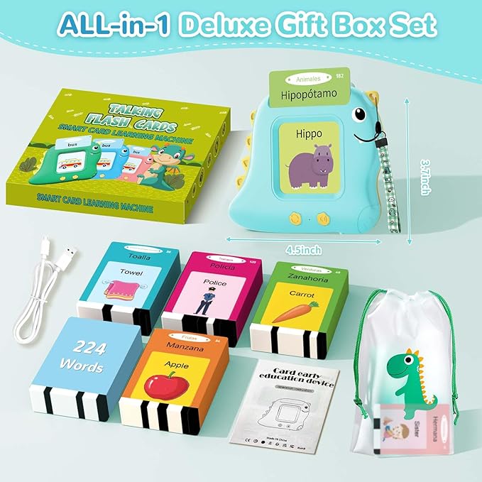 Bilingual Talking Flash Cards Spanish/English, Learning Sensory Toys for Autistic Children, 224 Sight Words Español Speech Therapy Kids Toys Beginner, Birthday Gift for Little Boys and Girls