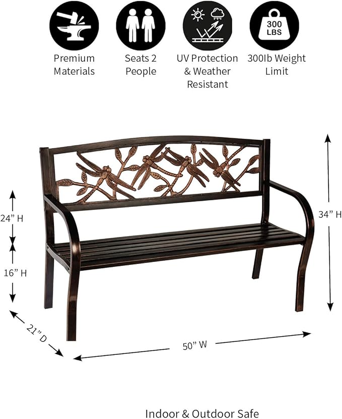 Evergreen Garden Weatherproof Dragonfly Outdoor Bench | Holds Up to 300 lbs. | Furniture for Lawn Garden Patio Porch Park Deck | Steel | Bronze