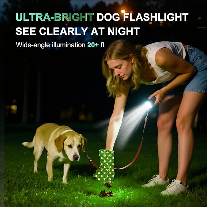 3-in-1 Dog Poop Bag Holder with Flashlight 7-Color, USB-C Rechargeable doggie bag holder for leash, IPX6 Waterproof Anti-Slip Clip Pet Waste Bag Dispenser for Walking (30 Bags Included)