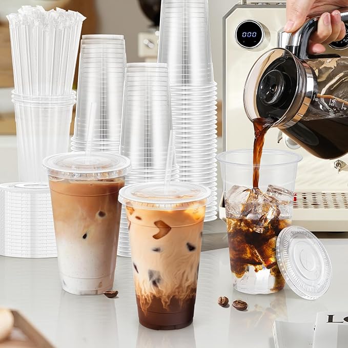 24 oz 100 Pack Plastic Cups with Lids and Straws, Sturdy Food Safe Iced Clear Coffee Cups Disposable Smoothie Cups for Cold Drinks