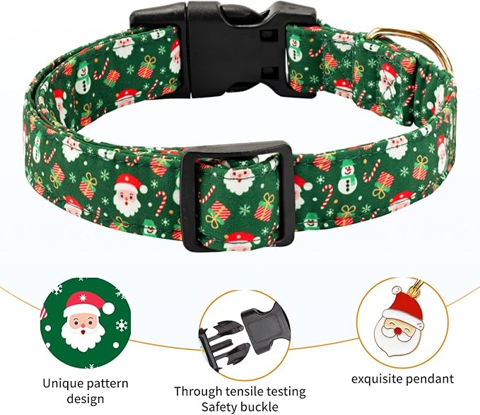 Christmas Dog Collar,Adjustable Cute Puppy Collar with Santa Claus Patterned Design for Small Medium Large Dogs,Soft Pet Collar with Safety Buckle for Girl Boy Dogs (Green Santa, L)