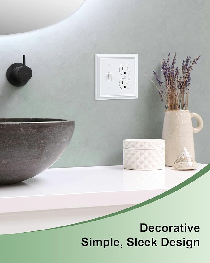 2-Pack Combo Toggle/Duplex Light Switch Cover Plate, Pure White Outlet Cover Plate, Natural Bamboo Fiber Decorative Wall Receptacle Cover for Electrical Outlets, Light Switch