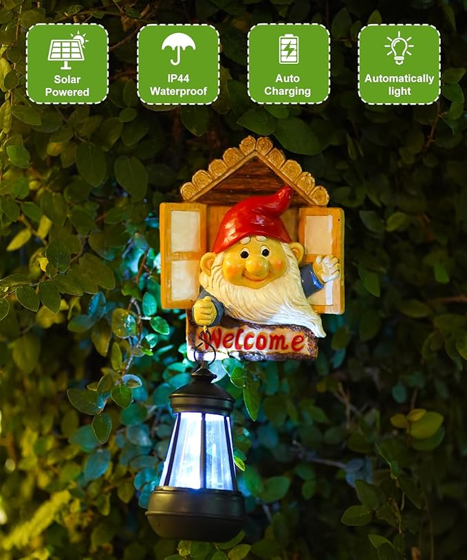 Gnome Tree Hugger with Solar Lantern - 10.6 Inch Resin Gnome Statue for Outdoor Garden Decor, Ideal Gnome Gifts and Gnome Statue Outdoor for Gnome Lovers