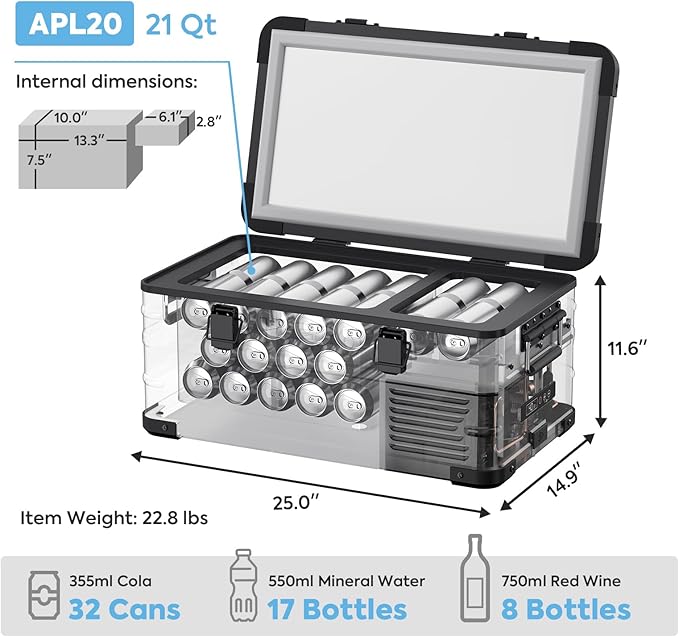 ICECO APL20 Portable Refrigerator with Cover, 21L Aluminum 12 Volt Freezer, Car Fridge with SECOP Nano Compressor, -4℉~68℉, 12V Electric Cooler Powered by AC/DC or Solar, for Vehicles, Travel