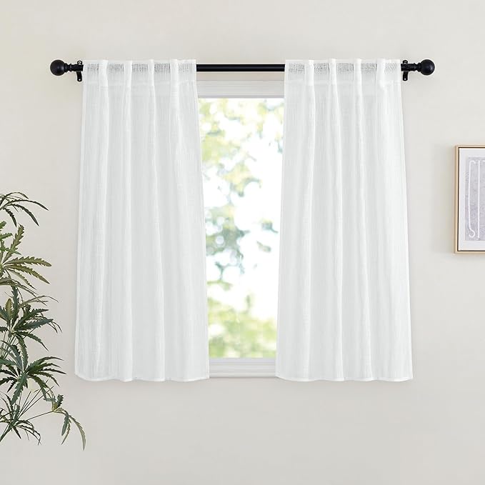 NICETOWN White Sheer Curtains 45 inches Long for Bedroom, Rod Pocket & Back Tab Linen Blend Window Treatments Semi Sheer Privacy Drapes with Light Filter for Farmhouse, W29 x L45, 2 Panels
