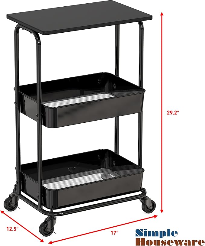 Simple Houseware 2-Tier Rolling Utility Cart with Lockable Wheels and Wood Top, Metal Storage Organizer Trolley for Kitchen, Bathroom, Office, Craft Room, Black