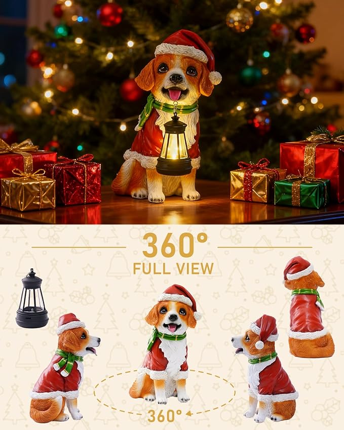Christmas Dog Garden Statue with Solar Lantern – Santa Dog Figurine in Red Coat & Hat, Outdoor Christmas Yard & Porch Decorations, Balcony & Lawn Decor, for Dog Lovers