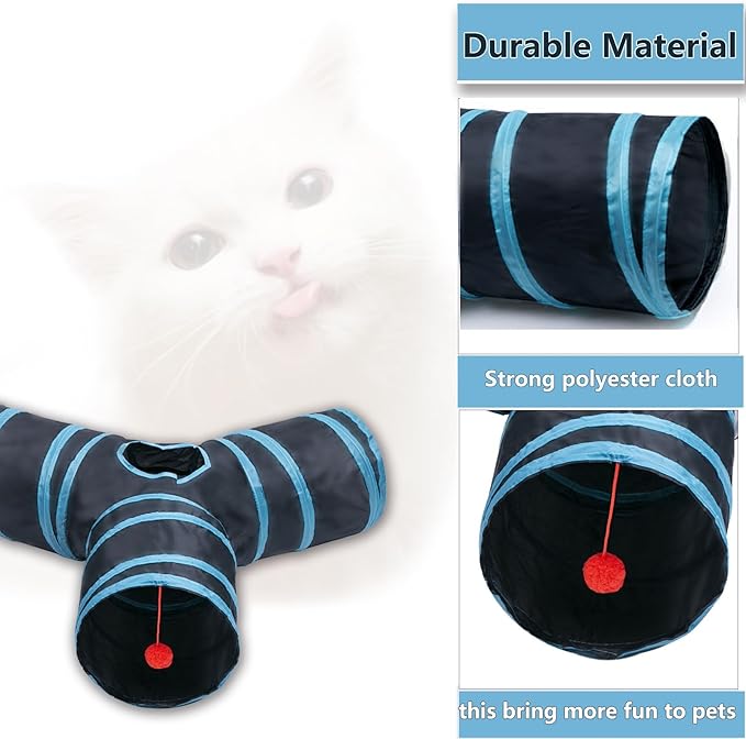 Cat Tunnel Tube Toys，Tunnels for Indoor Cats, 3 Way Blue Collapsible Interactive Toy with Balls for Rabbits, Kittens, Ferrets, Puppy