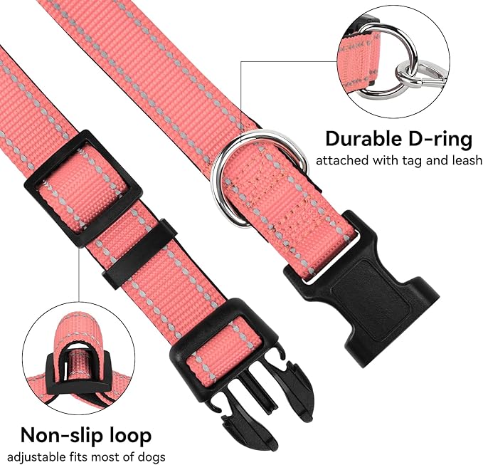 Reflective Dog Collar for Small Dogs, Soft Neoprene Padded with Quick Release Buckle, Adjustable Nylon Pet Collar for Walking,Neon Pink,S