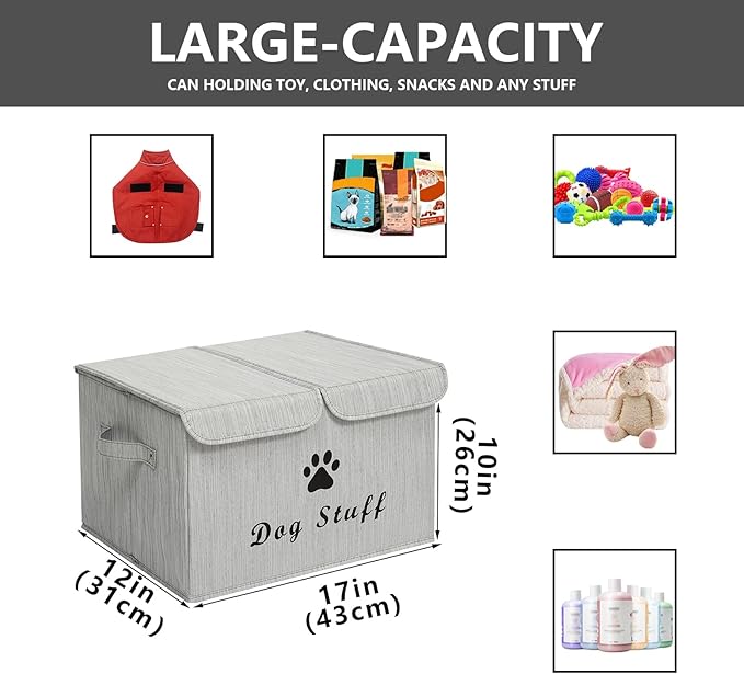 Morezi Large Dog Toy Storage Box with Lid Basket Organizer - Perfect Collapsible Bin for Living Room, Playroom, Closet, Home Organization - Dog - Bamboo Gray