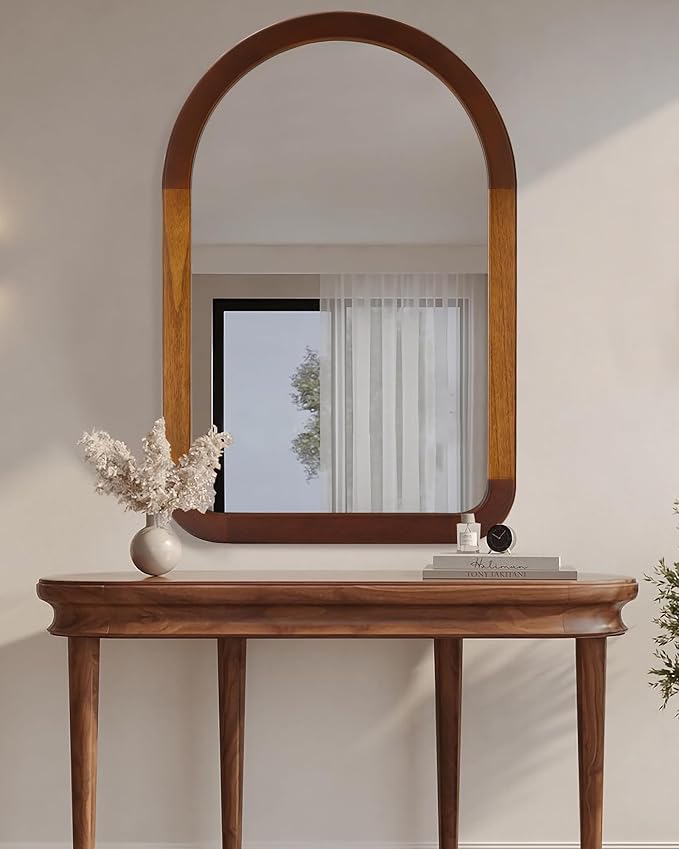 Arched Mirror 24 x 36 Inch,Brown Wood Rustic Bathroom Tempered Wall Mirror with Wood Frame,Round Corner Arch Farmhouse Wooden Vanity Mirror for Living Room,Entryway or Bedroom（Walnut Brown）