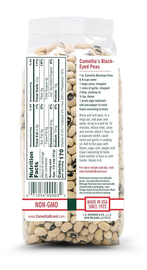 Camellia Brand Dried Blackeye Peas ??Premium Non-GMO Southern Pea for Hoppin??John, Soups, Stews, Salads, New Years Day, and Side Dishes ??Gluten-Free, High Protein, Vegan & Vegetarian Friendly, 1 Pound (Pack of 2)