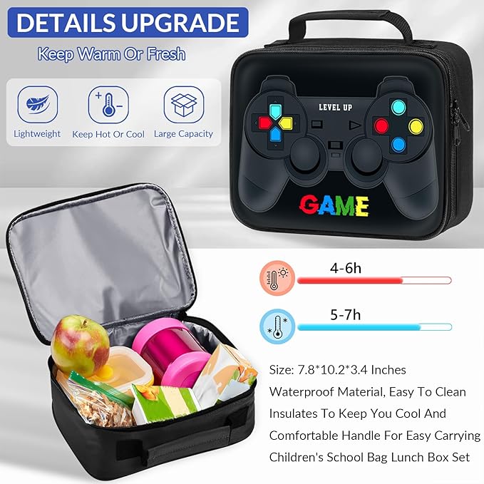 School Backpack for Boys - 3pcs Gamer Boys Backpack with Lunch Box Set for Kids Teens Elementary Middle School - 17″ Video Game Bookbag Travel Back Pack for Age 6-18