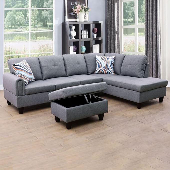 Grey-1 L-Shaped 3-Piece Linen Sofa with Storage Ottoman Set, Sectional Couch Sofa Set for Living Room, Office, Small Space