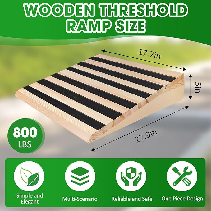 5 Inch Wooden Threshold Ramp for Home Steps(17.7" W*5.0" H, 17.7" W is not Wide Enough for wheelchairs, Please get More and Connect Multiple ramps to get a Wider one)