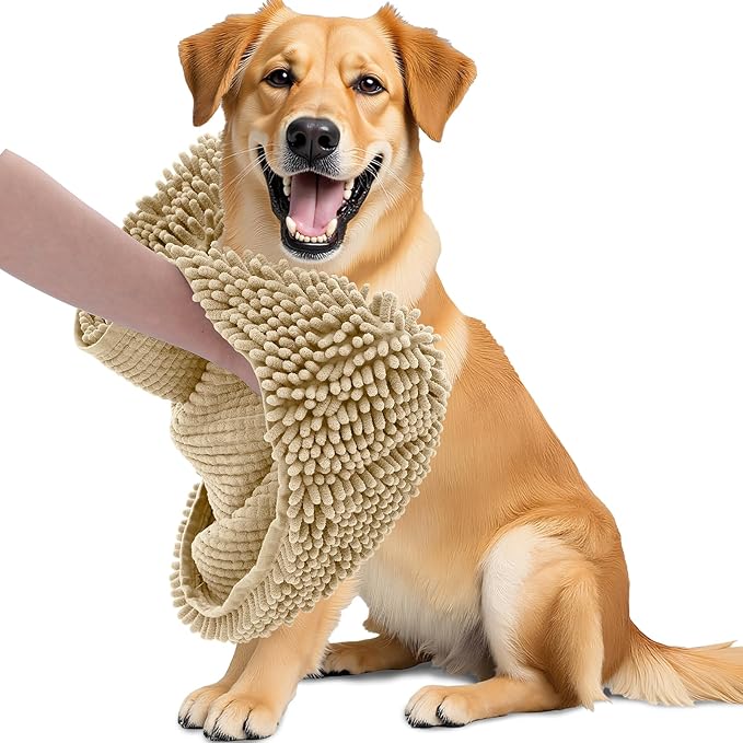 OLANLY Chenille Dog Bath Towel 31x13, Ultra Absorbent Quick Dry Pet Towel, Extra Soft Washable Plush Towel for Large Dogs & Puppies, Indoor Outdoor Use, Beige