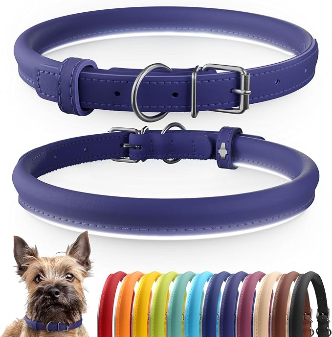 CollarDirect Rolled Leather Dog Collar, Soft Padded Round Puppy Collar, Handmade Genuine Leather Collar Dog Small Large Cat Collars 13 Colors (8-11 Inch, Purple Smooth)