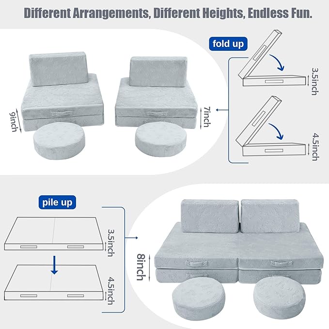 MeMoreCool Modular Kids Play Couch Sofa, Gray 8-Piece Fold-Out Convertible Toddler Couch with Rocket, Star, and Moon Patterns for Playroom