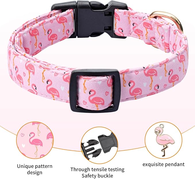 Cotton Dog Collar,Adjustable Cute Puppy Collar with Moon Patterned Design for Small Medium Large Dogs,Soft and Fancy Pet Collar with Safety Buckle for Girl Boy Dogs (Pink Flamingo, S)