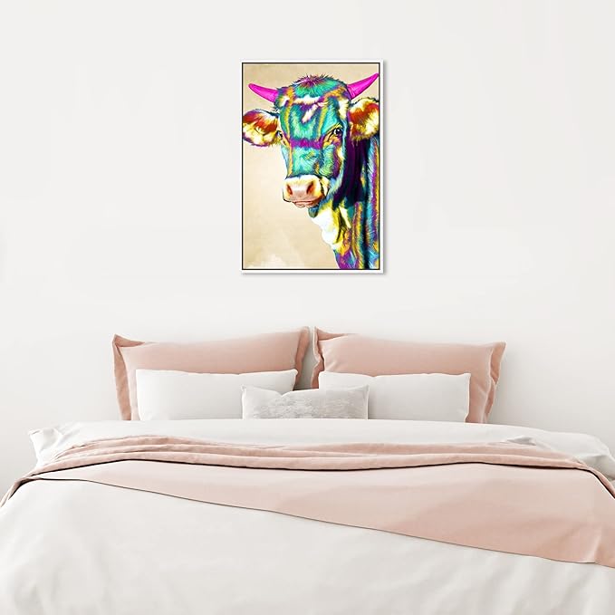 Country Farmhouse Canvas Print Painting Animal Wall Art 'Fun Colorful Glam Farm Cow' White Framed Canvas Rustic Home Décor 16x24 in Green, Pink by Oliver Gal