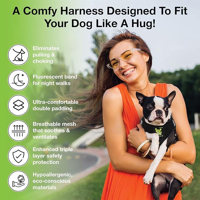 EcoBark Step in Dog Harness - Eco-Friendly Teacup Dog Harnesses for XXS, XS, and Small Dogs - Reflective and Adjustable Mini Body Halter Vest -Tiny Soft Mesh Toy Breed Harness (XXXS, Black)