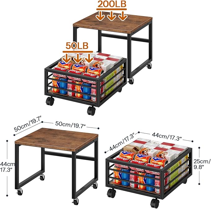 HOOBRO Mini Fridge Stand with Movable Storage Basket, Mini Fridge Cabinet with Wheels and Adjustable Feet, Sturdy Metal Frame, for Home, Apartment,Office, Dorm, Rustic Brown and Black BF155TL01