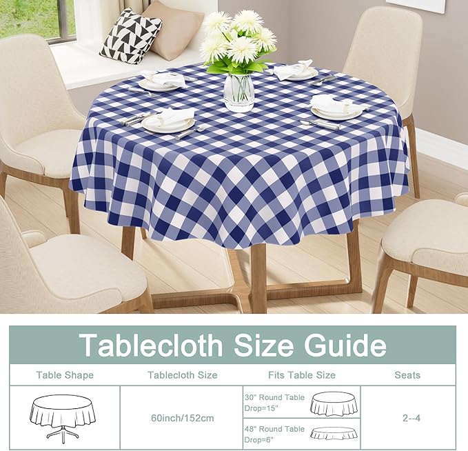 misaya Round Waterproof Vinyl Table Cloth, Buffalo Flannel Backed Tablecloth, Wipeable Plastic Table Cover for Dinner, Kitchen, Picnic (60", White and Navy)
