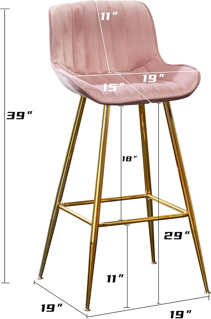 Sidanli 29 Inch Bar Stools Set of 2, Pink Counter Stools with Back and Gold Plated Legs, Upholstered Barstools for Bar, Living Room, Kitchen Counter, Farmhouse