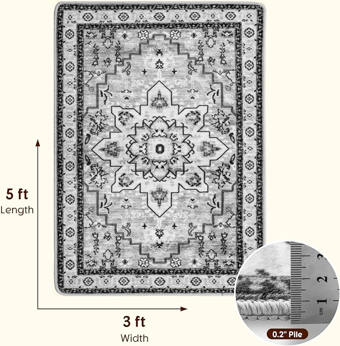 LBRO2M Boho Rug for Entryway Indoor Washable Rugs 3X5 Front Door Carpet Gray Non Slip Throw Rug, Small Rug for Bathroom Kitchen Rugs Pet Friendly Area Rugs Low Piles (3'X5' Light Gray)