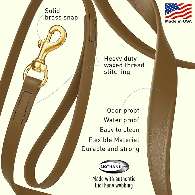 Viper Biothane K9 Working Dog Leash Waterproof Lead for Tracking Training Schutzhund Odor-Proof Long Line with Solid Brass Snap for Puppy Medium and Large Dogs, 10ft Coyote Brown